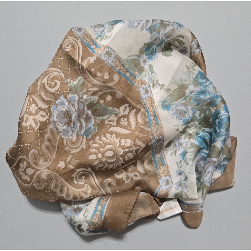Berkshire Floral Scarf Blue Brown Roses Damask Earth Tones Italy Polyester 30x31